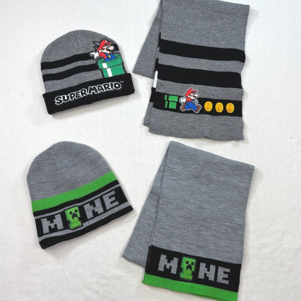 Youth Nintendo Super Mario & Minecraft Beanie & Scarf 4 Piece Winter Bundle Grey